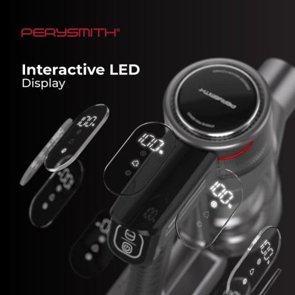 PerySmith Cordless Vacuum Cleaner Xtreme Pro Series XP5 dengan paparan LED interaktif menunjukkan pelbagai mod dan tetapan suhu pada latar belakang hitam