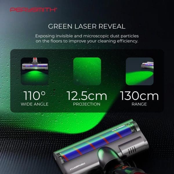 PerySmith Cordless Vacuum Cleaner Xtreme Series K2 Pro dengan teknologi Green Laser Reveal, sudut lebar 110°, unjuran 12.5cm, jangkauan 130cm untuk pembersihan berkesan.