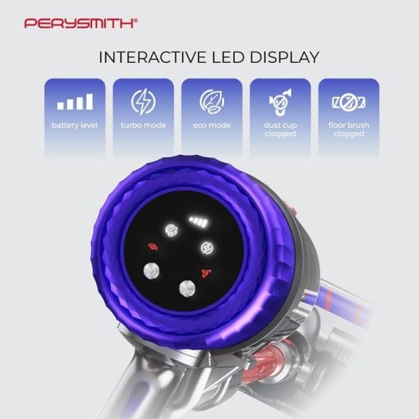 PerySmith Cordless Vacuum Cleaner Xtreme Series K2 Pro dengan paparan LED interaktif menunjukkan tahap bateri, mod turbo, mod eko, dan penunjuk penyumbatan