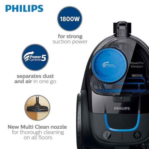 Philips FC9350 PowerPro Compact Bagless Vacuum Cleaner dengan kuasa 1800W, teknologi PowerCyclone 5 dan nozel Multi Clean untuk pembersihan menyeluruh di semua lantai.