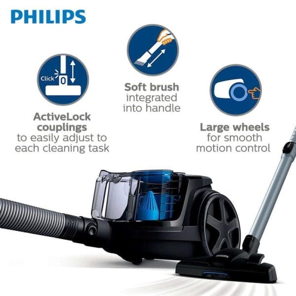 Philips FC9350 PowerPro Compact Bagless Vacuum Cleaner dengan ciri ActiveLock couplings, berus lembut terintegrasi, dan roda besar untuk kawalan pergerakan lancar