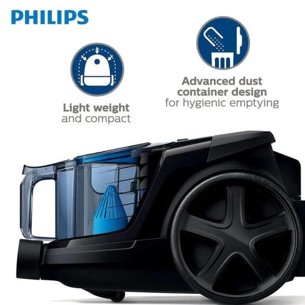 Philips FC9350 PowerPro Compact Bagless Vacuum Cleaner dengan reka bentuk bekas habuk canggih dan berat ringan, menampilkan ciri-ciri utama produk.