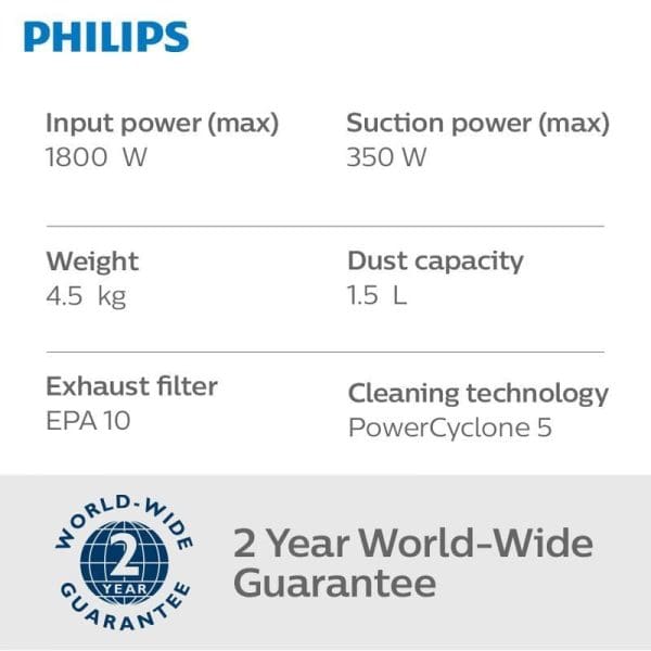 Spesifikasi Philips FC9350 PowerPro Compact - kuasa input 1800W, kuasa sedutan 350W, berat 4.5kg, kapasiti habuk 1.5L, penapis EPA10, teknologi PowerCyclone 5, jaminan 2 tahun