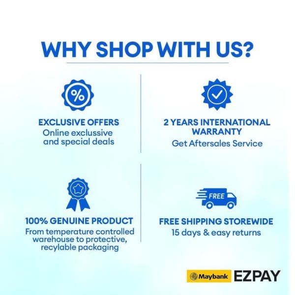 Infografik "Mengapa Berbelanja Dengan Kami" menunjukkan empat kelebihan: tawaran eksklusif, waranti 2 tahun antarabangsa, produk 100% tulen, dan penghantaran percuma dengan pilihan pembayaran Maybank EZPAY.
