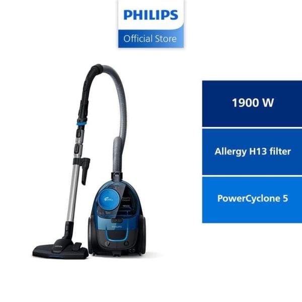 Philips FC9352 PowerPro Compact Vacuum Cleaner tanpa beg dengan kuasa 1900W, penapis alergi H13 dan teknologi PowerCyclone 5 untuk pembersihan berkesan di rumah.