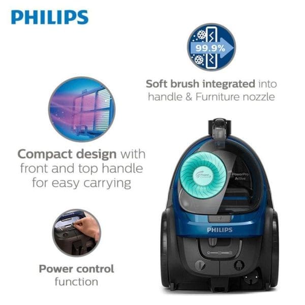 Philips PowerPro Active Bagless Vacuum Cleaner FC9570 dengan ciri-ciri rekaan kompak, berus lembut terintegrasi, kawalan kuasa dan kecekapan penyaringan 99.9% untuk jualan di barangelektrik.my