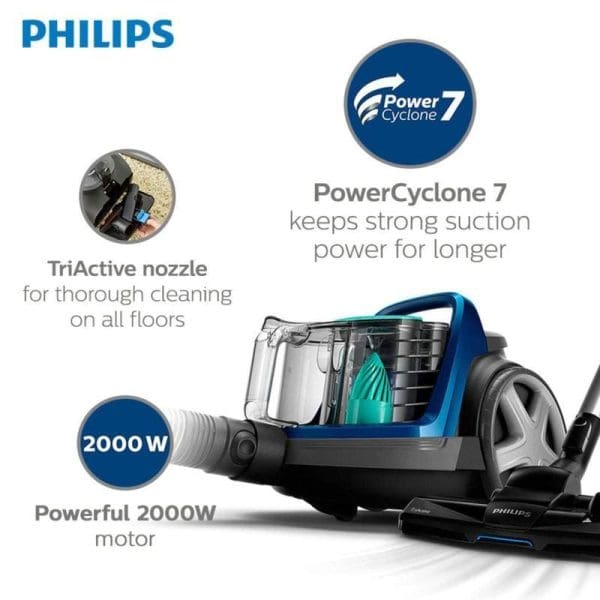PHILIPS PowerPro Active Bagless Vacuum Cleaner FC9570 dengan motor 2000W, teknologi PowerCyclone 7, dan TriActive nozzle untuk pembersihan menyeluruh di semua lantai.