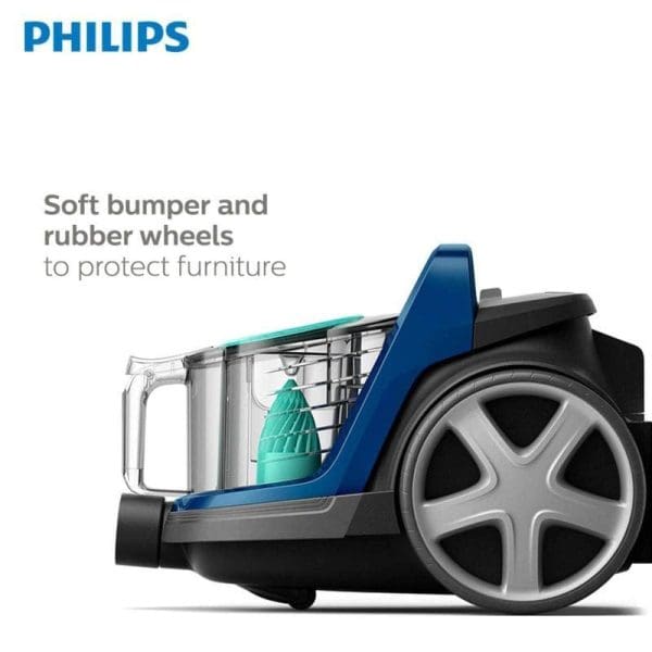 Philips PowerPro Active FC9570 penyedut habuk tanpa beg dengan roda getah lembut dan bumper untuk melindungi perabot, menunjukkan bekas debu yang boleh dilihat