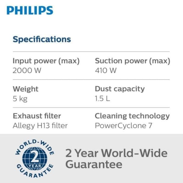Spesifikasi PHILIPS PowerPro Active Vacuum Cleaner FC9570 - kuasa input 2000W, kapasiti habuk 1.5L, teknologi PowerCyclone 7, jaminan 2 tahun sedunia
