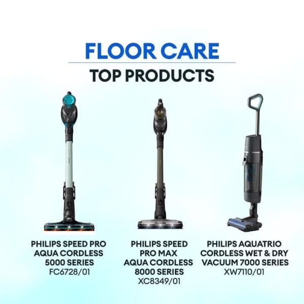 "Imej produk penjagaan lantai terbaik menampilkan tiga model penyedut habuk Philips: Speed Pro Aqua Cordless 5000, Speed Pro Max Aqua Cordless 8000, dan Aquatrio Cordless 7000 series."