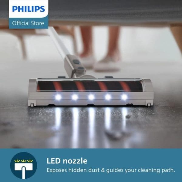 Philips XC2011 Cordless Vacuum Cleaner dengan LED nozzle untuk mendedahkan habuk tersembunyi dan membimbing laluan pembersihan di lantai rumah
