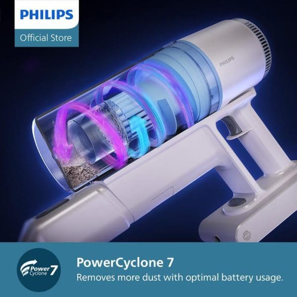 Philips XC2011 Vacuum Cleaner tanpa wayar dengan teknologi PowerCyclone 7, menunjukkan bahagian dalaman dan sistem penapisan debu yang canggih dengan pencahayaan biru ungu.