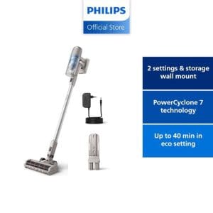 Philips XC2011 Penyedut Habuk Tanpa Wayar dengan teknologi PowerCyclone 7, 2 tetapan kuasa, sangkutan dinding, dan masa operasi 40 minit dalam mod eko.