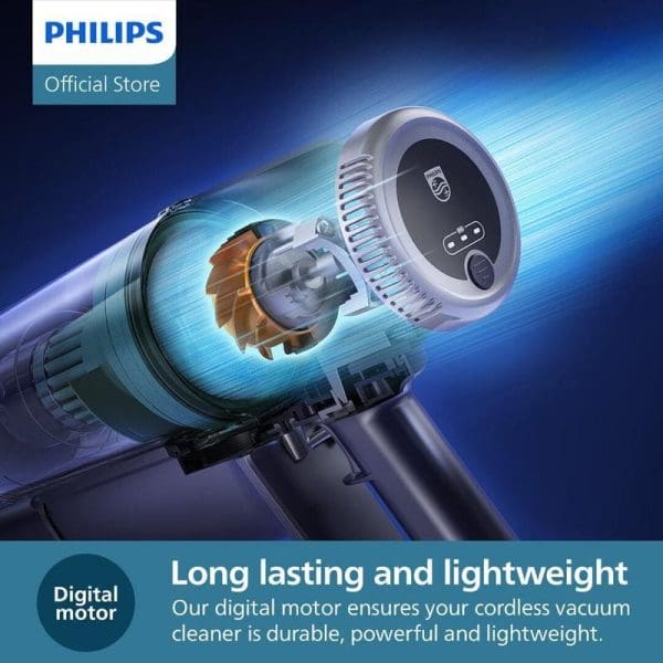 Philips XC3133 Vacuum Cleaner tanpa wayar dengan motor digital yang tahan lama dan ringan, menampilkan teknologi dalaman dan reka bentuk moden biru.