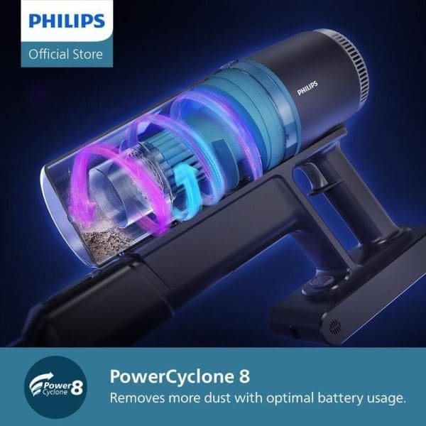 Philips XC3133 Cordless Vacuum Cleaner dengan teknologi PowerCyclone 8 menunjukkan struktur dalaman transparan dengan cahaya biru dan ungu untuk penyingkiran habuk optimum.