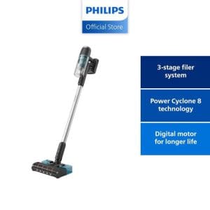 Philips XC3133 Penyedut Hampagas Tanpa Wayar dengan sistem penapis 3-peringkat, teknologi Power Cyclone 8, dan motor digital untuk jangka hayat lebih panjang