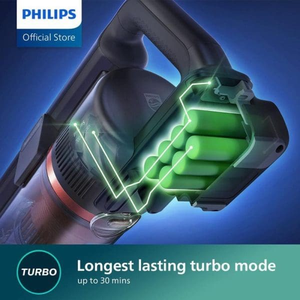 Philips XC7055 Pembersih Vakum Tanpa Wayar Basah dan Kering dengan mod turbo tahan lama sehingga 30 minit, menunjukkan teknologi LED hijau dan reka bentuk ergonomik.