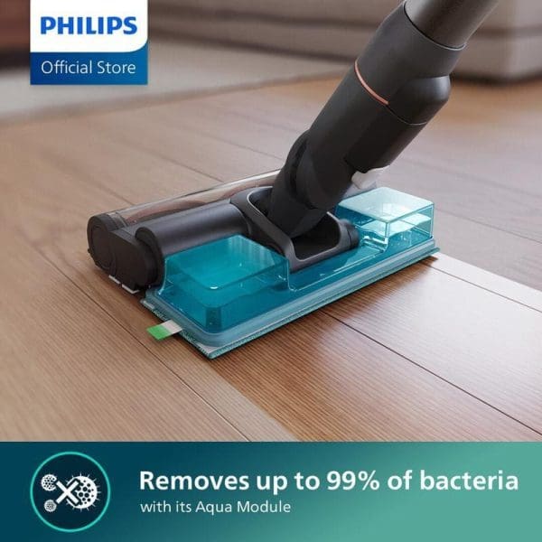 Philips XC7055 Pembersih Vakum Tanpa Wayar Basah dan Kering dengan Modul Aqua menghilangkan 99% bakteria, menunjukkan kepala pembersih biru di atas lantai kayu