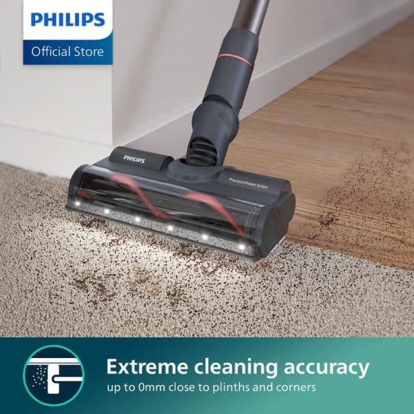 Philips XC7055 Pembersih Vakum Tanpa Wayar Basah dan Kering membersihkan permaidani dan lantai kayu dengan ketepatan pembersihan melampau hingga 0mm dekat dengan sudut dan pinggir.