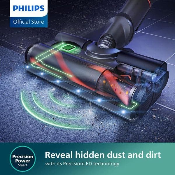 Philips XC7055 Penyedut Debu Tanpa Wayar Basah dan Kering dengan teknologi PrecisionLED menunjukkan habuk tersembunyi, dijual di kedai rasmi Philips dengan teknologi Precision Power Smart.