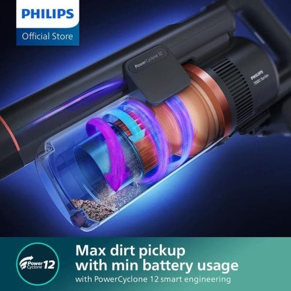 Philips XC7055 Pembersih Vakum Tanpa Wayar Basah dan Kering dengan teknologi PowerCyclone 12 untuk pengambilan kotoran maksimum dengan penggunaan bateri minimum