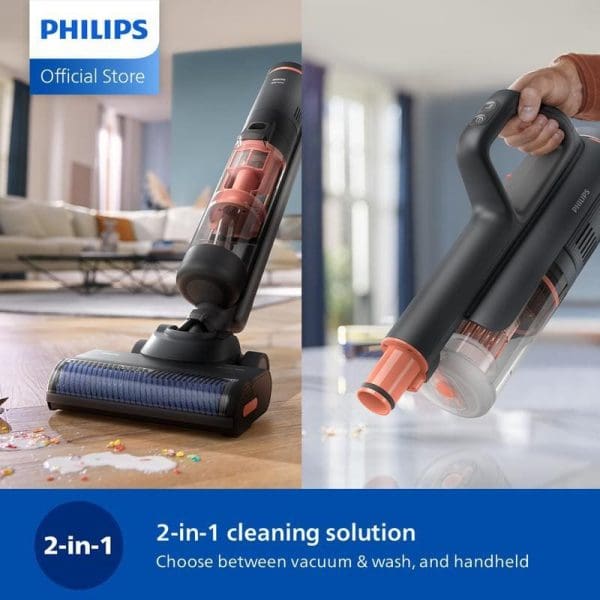 Philips XW6264 Pembersih Vakum Tanpa Wayar 2-dalam-1 Basah dan Kering ditunjukkan dalam dua mod - sebagai vakum tegak dan genggam untuk penyelesaian pembersihan serbaguna.