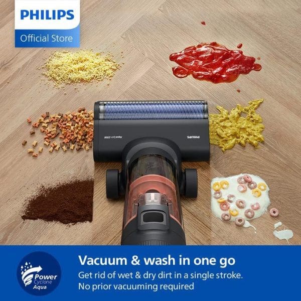 Philips XW6264 Penyedut Debu Tanpa Wayar 2-dalam-1 Basah dan Kering dengan teknologi PowerCyclone Aqua, mampu membersihkan kotoran basah dan kering dalam satu sapuan tanpa pra-vakum.