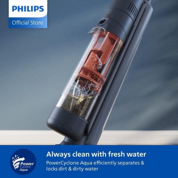 Philips XW6264 Penyedut Habuk Tanpa Wayar Basah dan Kering 2-dalam-1 dengan teknologi PowerCyclone Aqua yang memisahkan kotoran dan air kotor untuk pembersihan sentiasa segar.