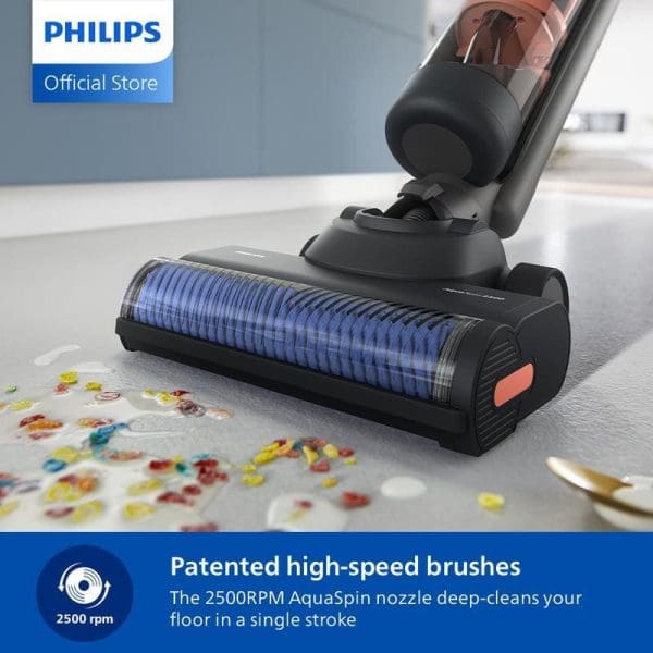 Philips XW6264 Penyedut Debu Tanpa Wayar 2-in-1 Basah dan Kering dengan berus berkelajuan tinggi 2500RPM AquaSpin untuk pembersihan lantai yang mendalam dalam satu sapuan.