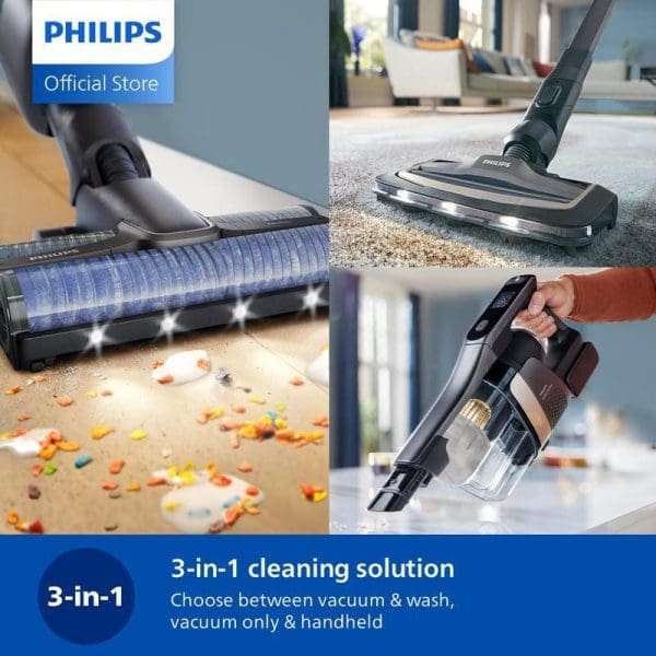 Philips XW9465 Pembersih Vakum Tanpa Wayar 3-dalam-1 Basah dan Kering menunjukkan fungsi penyedut vakum, cuci dan genggam untuk penyelesaian pembersihan serbaguna di rumah.