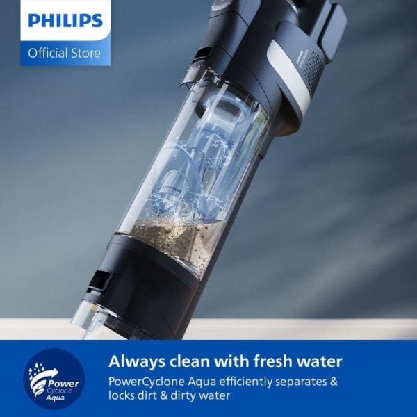 Philips XW9465 Wet and Dry 3-in-1 Cordless Vacuum Cleaner dengan teknologi PowerCyclone Aqua yang memisahkan kotoran dan air kotor untuk pembersihan sentiasa dengan air bersih.
