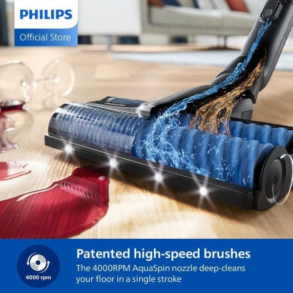 Philips XW9465 Pembersih Vakum Tanpa Wayar 3-dalam-1 Basah dan Kering dengan berus berkelajuan tinggi 4000RPM AquaSpin untuk pembersihan mendalam lantai