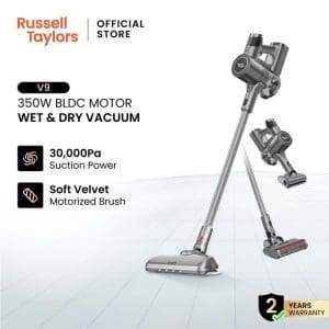 Russell Taylors V9 Cordless Vacuum Cleaner 350W BLDC motor dengan kuasa sedutan 30,000Pa, berus Soft Velvet bermotor, vakum basah dan kering, waranti 2 tahun.