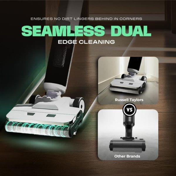 Russell Taylors Dual-Edge Wet Dry Cordless Floor Washer dengan teknologi pembersihan tanpa sambungan yang memastikan tiada kotoran tertinggal di sudut berbanding jenama lain.