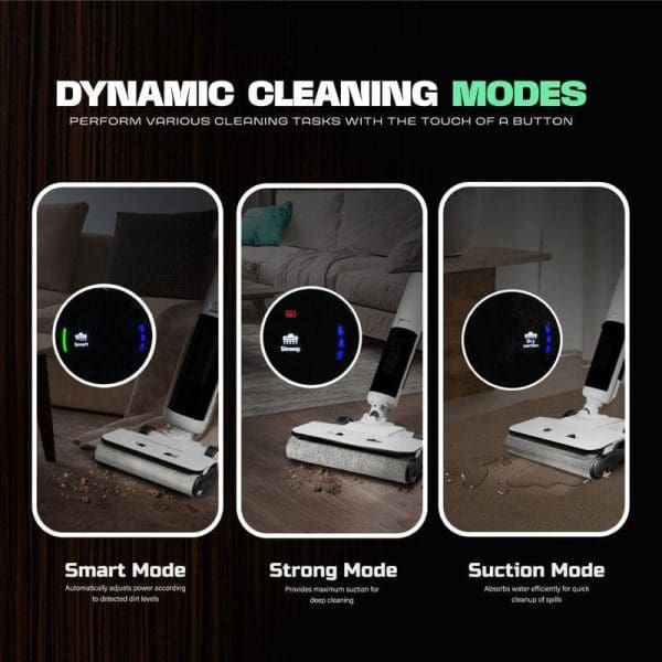 Russell Taylors Dual-Edge Wet Dry Cordless Floor Washer Vacuum dengan tiga mod pembersihan dinamik - Smart Mode, Strong Mode dan Suction Mode untuk pelbagai tugas pembersihan.
