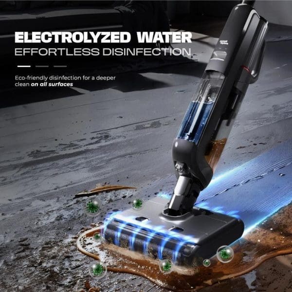 Russell Taylors Dual Roller Wet Dry Cordless Floor Washer 4-in-1 dengan teknologi air elektrolisis membersihkan lantai kotor dengan cahaya UV biru dan pembersihan tanpa usaha.