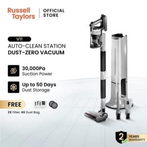 Russell Taylors V11 pembersih vakum tanpa wayar dengan stesen auto-clean, kuasa sedutan 30,000Pa, simpanan habuk 50 hari, termasuk penapis dan beg habuk percuma.