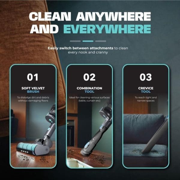 Russell Taylors Vortex Vacuum Cleaner dengan 3 alatan - berus velvet lembut, alat kombinasi, dan alat celah untuk pembersihan menyeluruh di mana-mana sahaja.