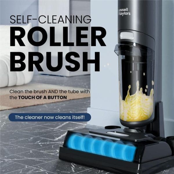 Russell Taylors Wet & Dry Cordless Vacuum Cleaner V10i dengan teknologi self-cleaning roller brush, membersihkan berus dan tiub dengan sentuhan butang