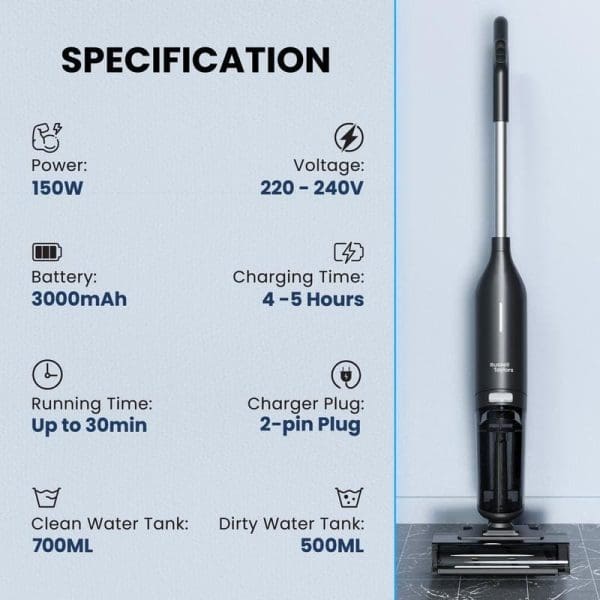 Spesifikasi Russell Taylors Wet & Dry Cordless Vacuum Cleaner V10i menunjukkan kuasa 150W, bateri 3000mAh, masa operasi 30 minit, tangki air bersih 700ML dan kotor 500ML.
