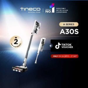Pembersih vakum tanpa wayar Tineco A30S dengan sedutan 160W, masa operasi 60 minit, bekas debu 1L, teknologi ZeroTangle dan lampu LED untuk pembersihan menyeluruh.
