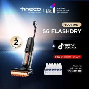 Tineco Floor One S6 FlashDry pembersih lantai basah kering dengan jaminan tempatan 2 tahun, termasuk 6 botol larutan pembersih bernilai RM458, promosi percuma.