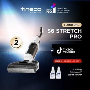 Tineco Floor One S6 Stretch Pro pembersih lantai basah kering dengan jaminan 2 tahun, termasuk voucher TikTok dan cecair pembersih bernilai RM149