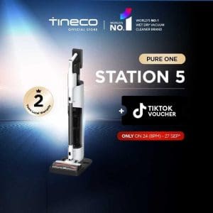 Tineco Pure One Station 5 pembersih vakum tanpa wayar dengan stesen automatik, kuasa sedutan 175W, teknologi ZeroTangle dan pembersihan sendiri untuk rumah Malaysia.