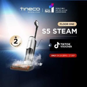 Pembersih vakum lantai Tineco Floor One S5 Steam dengan teknologi wap dan sanitasi 99.9%, pembersihan basah kering pintar tanpa detergen diperlukan.