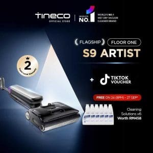 Tineco Floor One S9 Artist pembersih lantai pintar dengan kuasa sedutan 22kPa, teknologi anti-kusut DualBlock, dan pergerakan 360°, disertakan dengan cecair pembersih percuma.