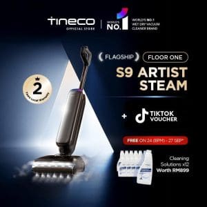 Tineco Floor One S9 Artist Steam pembersih vakum basah kering dengan teknologi HyperSteam 140°C, masa operasi 75 minit, kuasa sedutan 22kPa untuk lantai bersih sempurna.